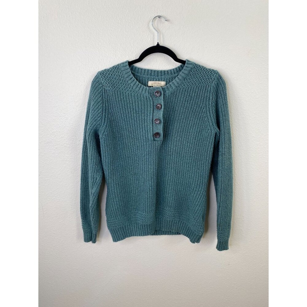 Natural Reflections Womens Green Ribbed Knit Button Henley Sweater M 1/4 button